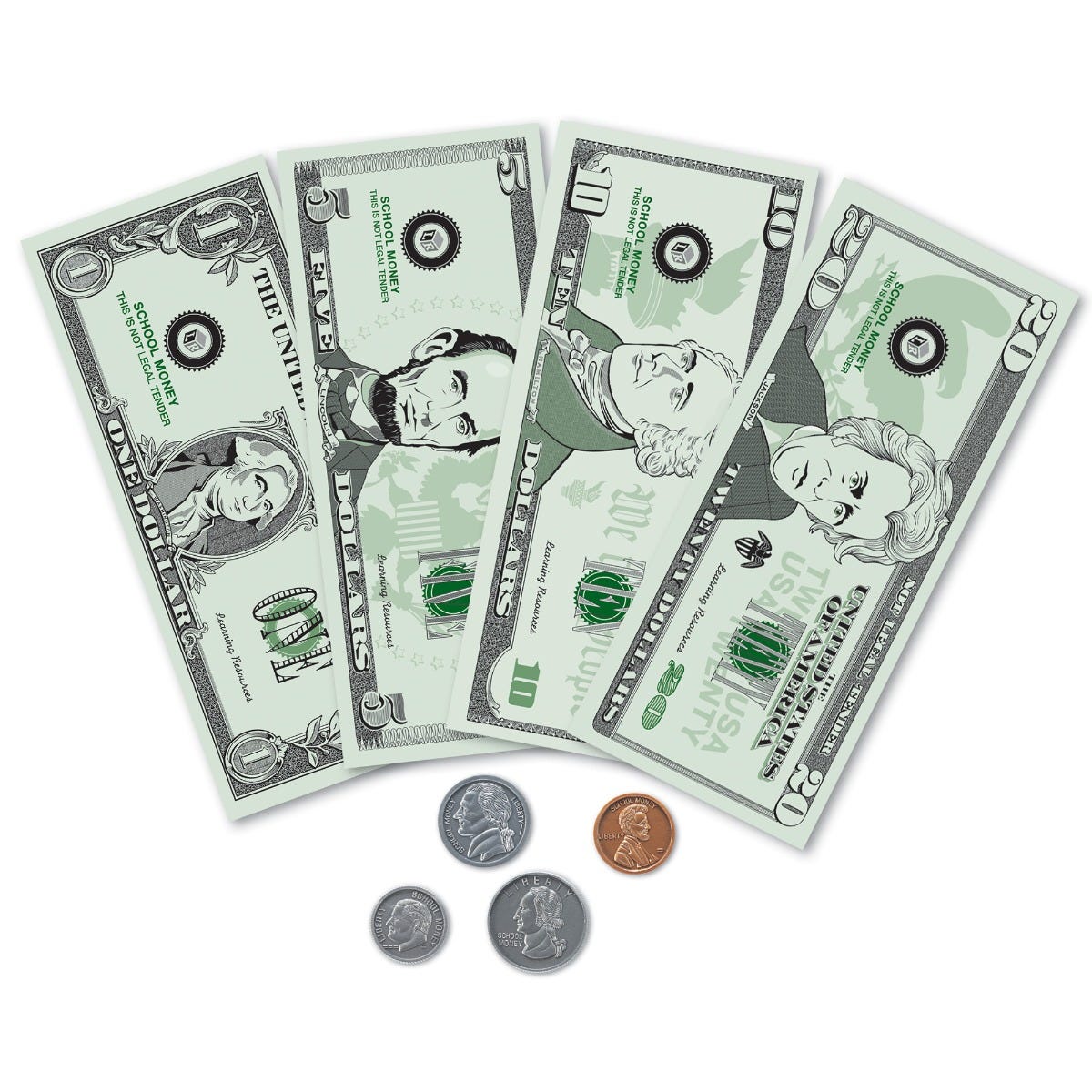 Play Money set with realistic bills and coins for learning money skills, counting, and making change for children.