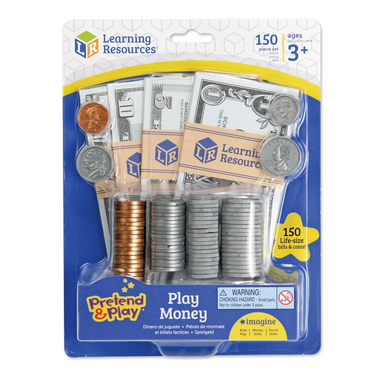 Play Money set with 150 life-size bills and coins for learning money skills and making change, ages 3+