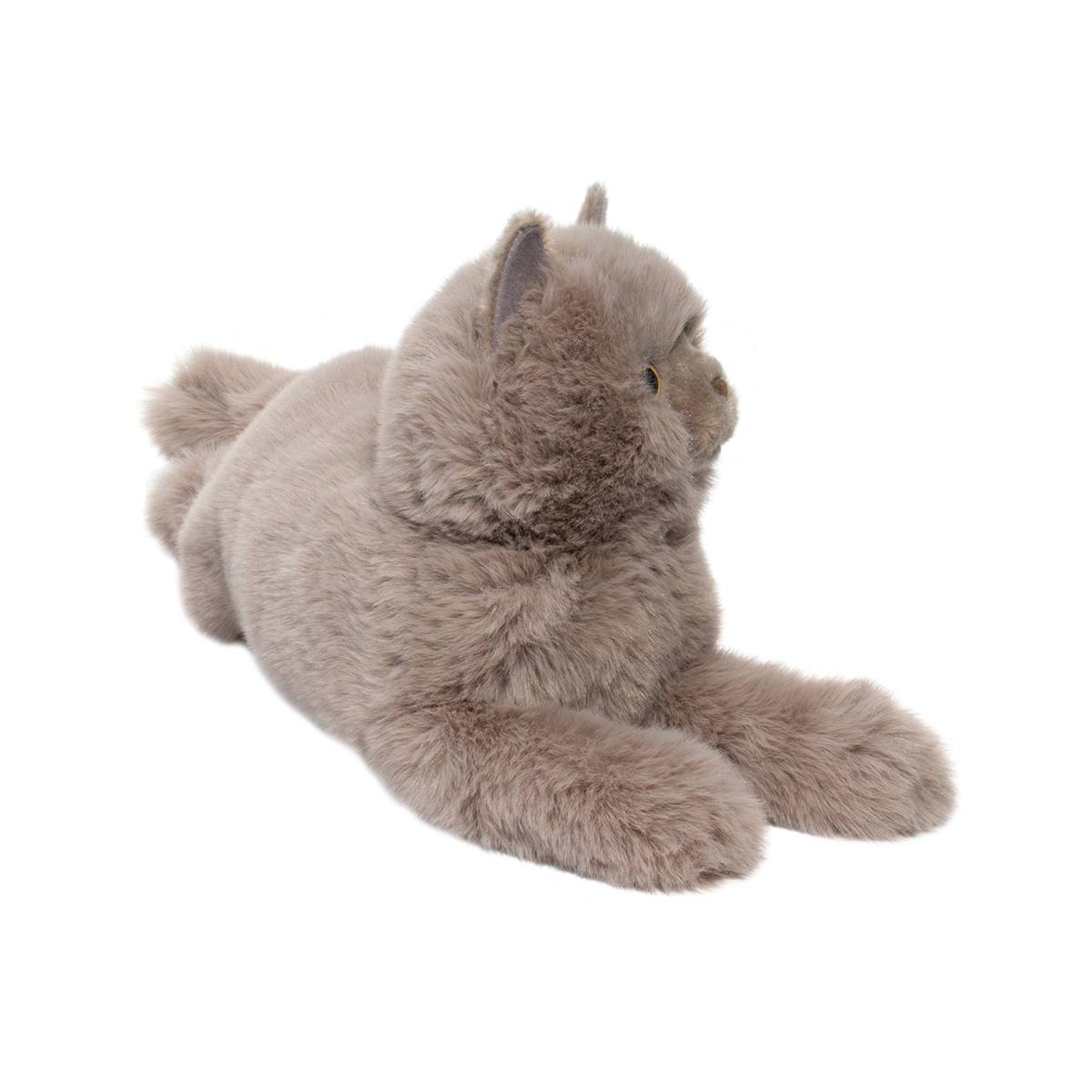 Persian Cat Juliette plush toy in lilac gray with soft fur, golden eyes, and cuddly outstretched pose for cat lovers.