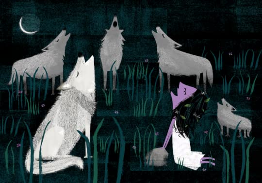 Moon product illustration of a child sitting among howling wolves in a dark, magical forest at night.