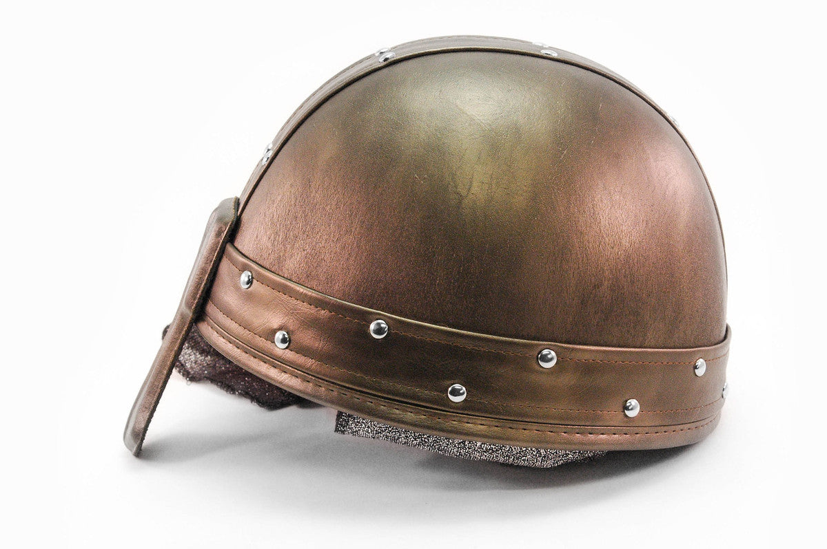 Knight Hat showing a bronze polyurethane nasal helm with knit coif and rivet details for adjustable adult fit.