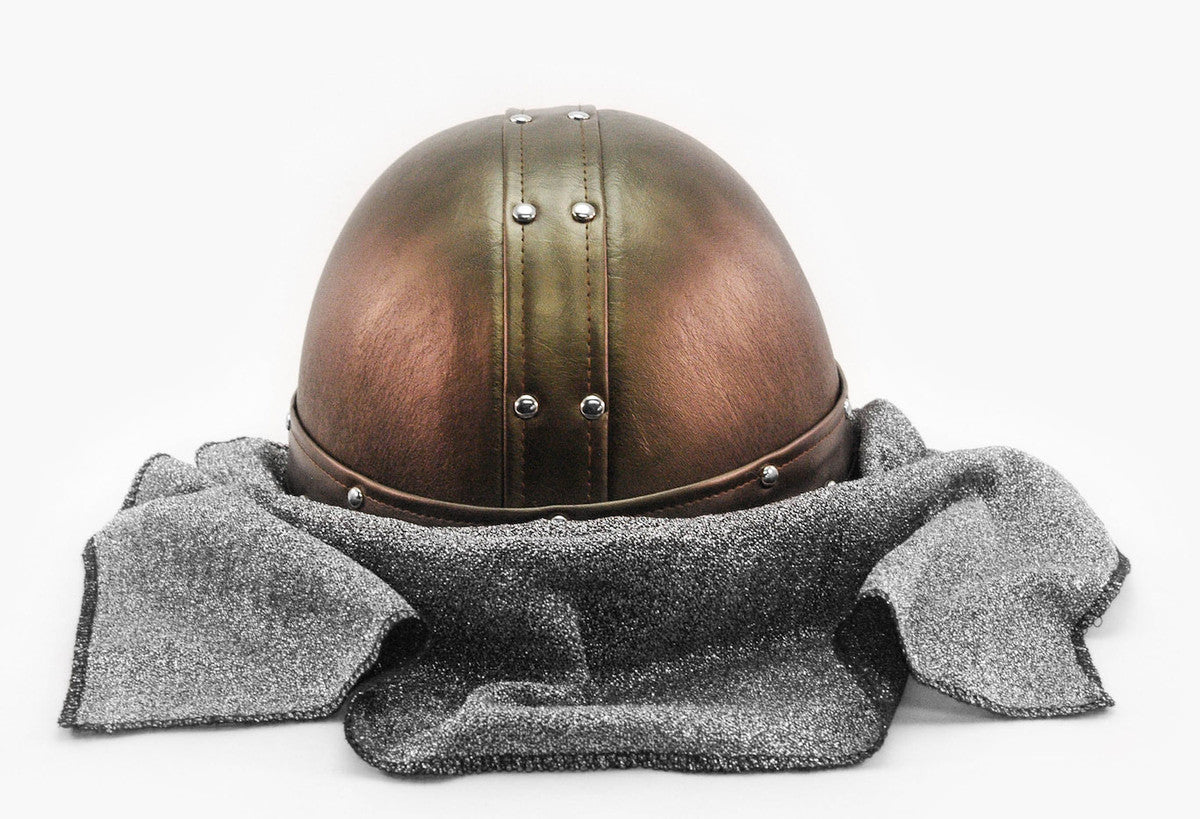 Knight Hat featuring a bronze polyurethane nasal helm with attached knit coif for a comfortable medieval look.