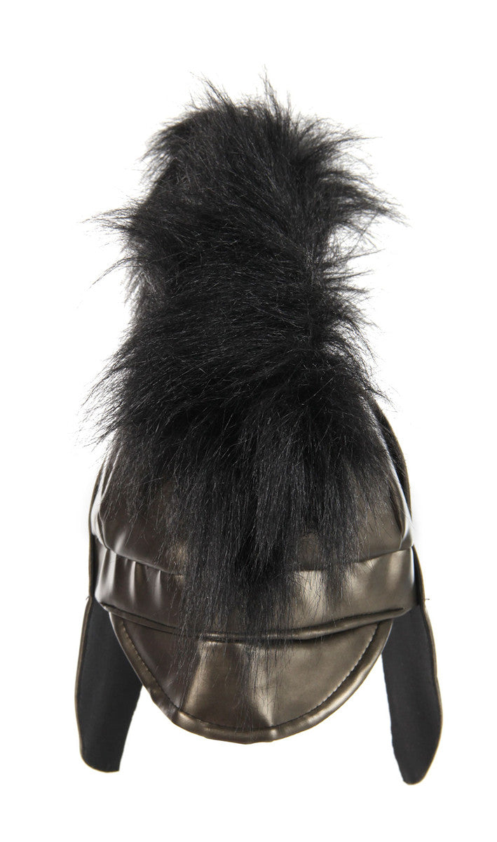 Spartan Hat with black plume and faux leather design, durable and adjustable for a perfect warrior look.