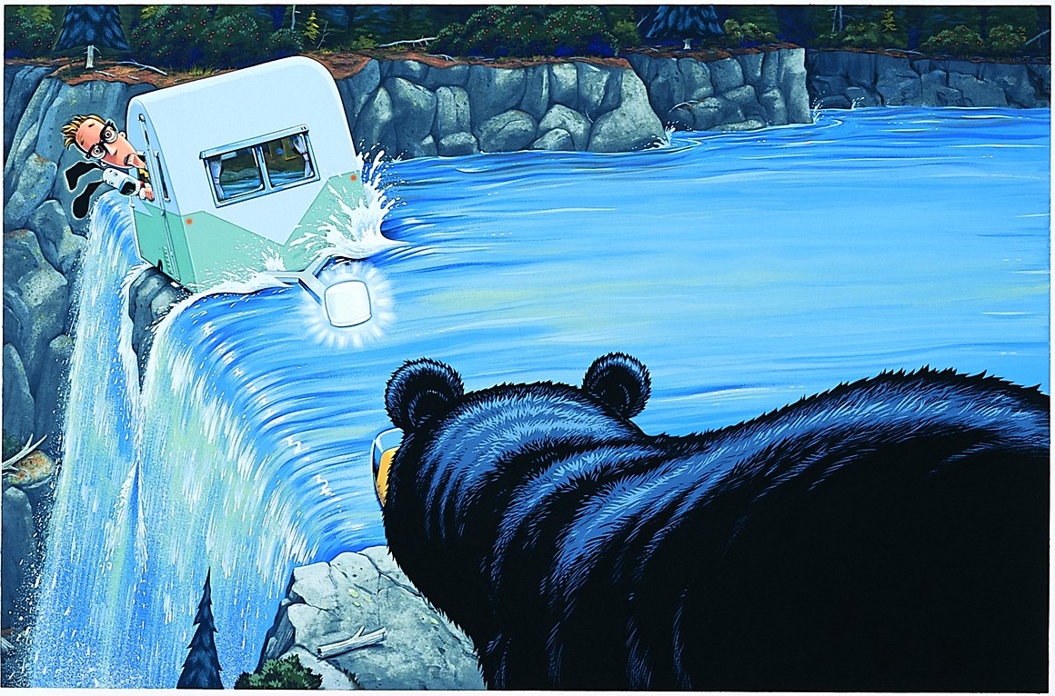 Illustration from Camping Spree With Mr Magee showing Mr. Magee and Dee falling off a waterfall with a bear watching nearby.