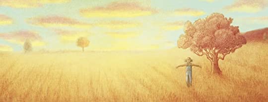 The Scarecrow with a lonely figure in a golden field under a soft, warm sky near a large tree.