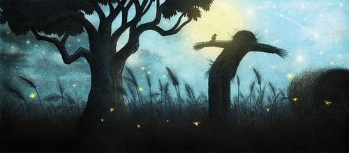 The Scarecrow picture book scene with a crow flying near a scarecrow under a glowing full moon at night.