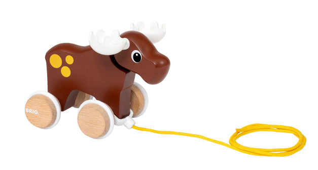 Moose Pull Toy wooden pull along moose with swaying horns and yellow string for toddlers learning to walk.