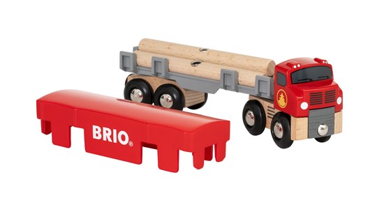 Lumber Truck with detachable red trailer carrying wooden logs and a cover, perfect for BRIO World playsets.