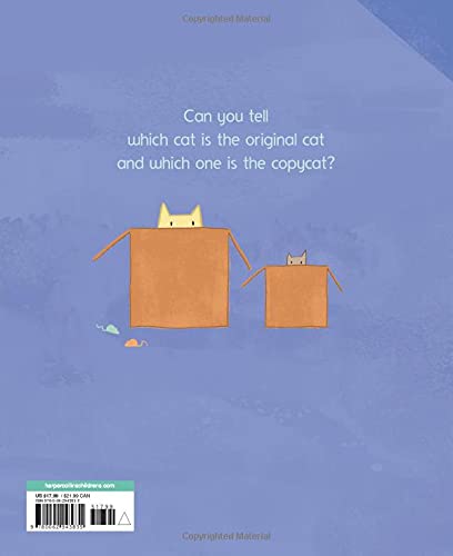 Back cover of Original Cat, Copy Cat showing two cats in boxes with a playful question about which is the copycat.