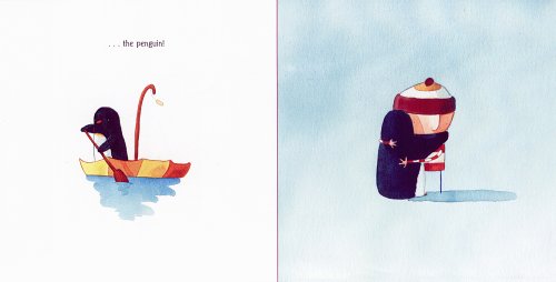 Illustration from Lost and Found showing a boy hugging a small penguin on a pale blue background.