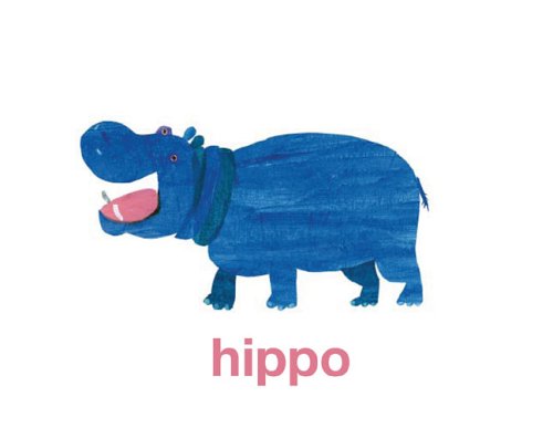 Eric Carle Animal Flash Cards showing a friendly blue hippo illustration with the word "hippo" below.
