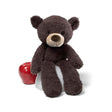 Teddy Bear Fuzzy Chocolate plush with floppy arms and legs sitting next to a red apple on white background.