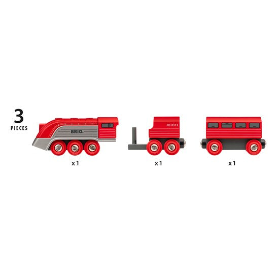 Streamline Train wooden toy set with three red and silver pieces inspired by retro-futuristic streamline trains.