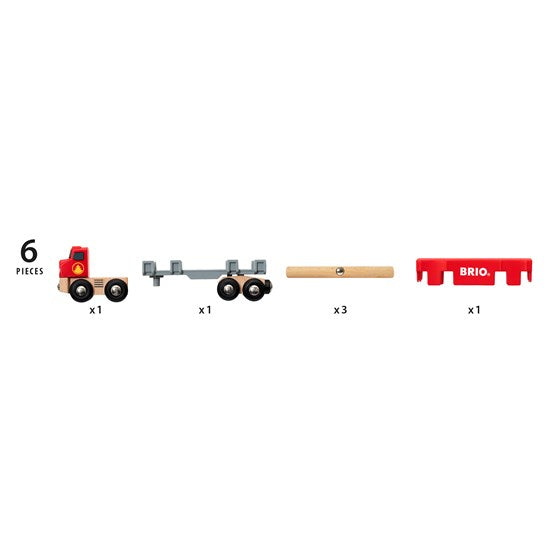 Lumber Truck with red semi-truck, detachable trailer, three wooden logs, and red cover for BRIO World play.