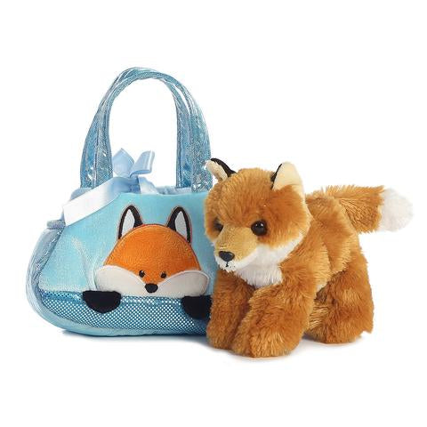 Fancy Pals Peek-A-Boo Fox with a soft brown, white, and tan fox plush and matching blue pet carrier bag.