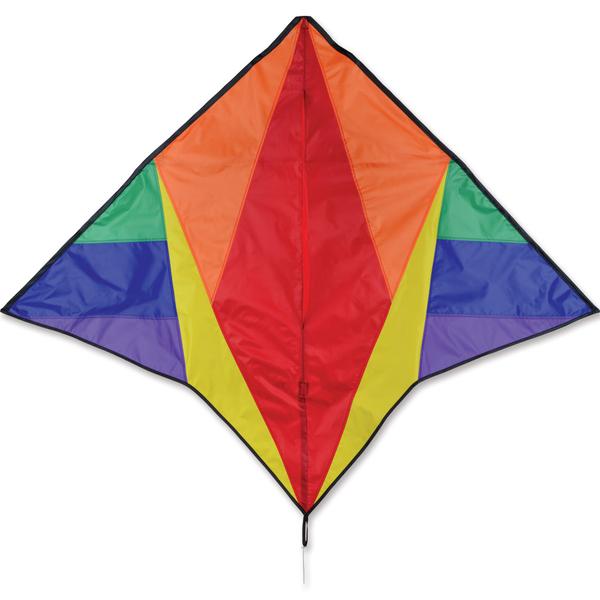58" Gyro Delta Kite Rainbow with vibrant multicolor panels made from durable ripstop polyester and fiberglass frame.