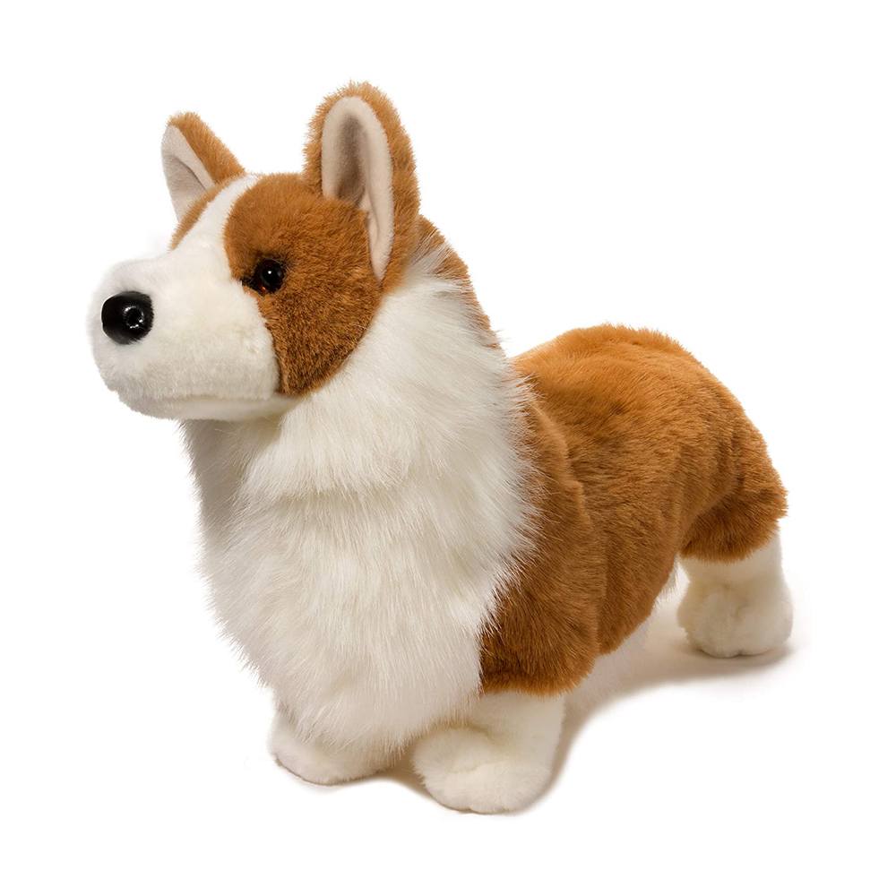 Cuddly plush Corgi Chadwick with russet and white fur, lifelike design, and expressive brown eyes perfect for hugs.