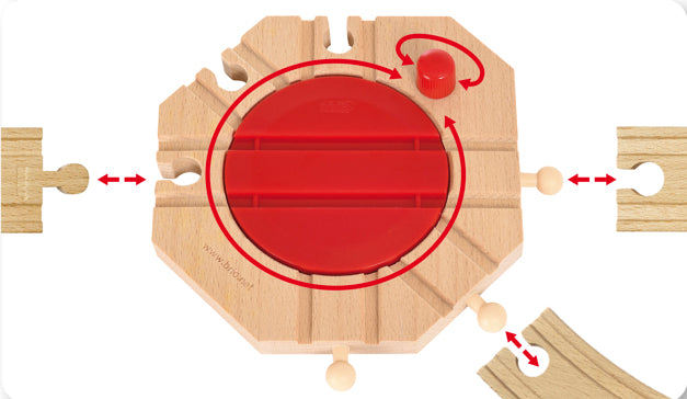 Mechanical Turntable wooden train set piece with red rotating button for easy train turning and play for ages 3+