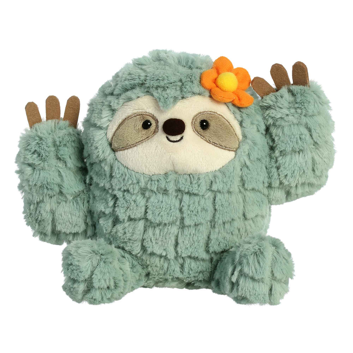 Cactus Sloth plush with soft fabric, cactus-like arms raised, and a cheerful face with an orange flower accessory.