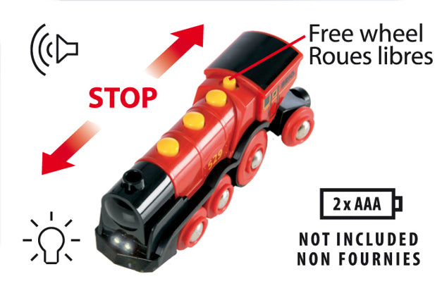 Red toy train with lights and sound, forward and reverse motion, free wheel option, Mighty Red Locomotive.
