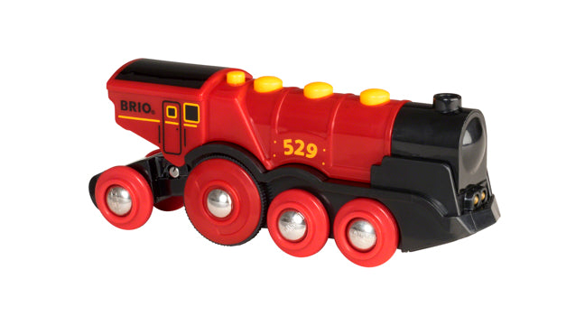 Mighty Red Locomotive toy train with bright red body, black front, and four red wheels, designed for imaginative play.