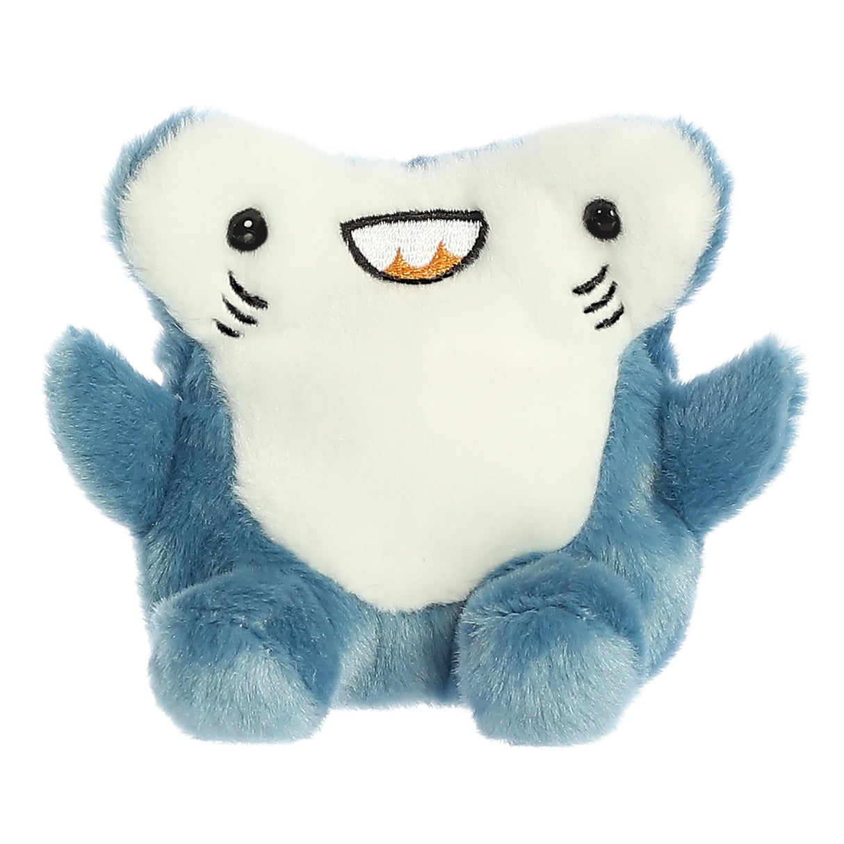 Palm Pals Hammerhead Shark Huddleston plush with soft blue and white fur, smiling face, and raised fins, 5 inches tall.