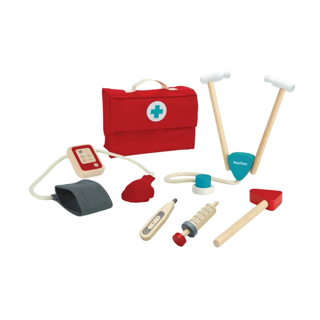 Doctor Set with 5 basic medical tools and a red doctor case for imaginative pretend play and learning empathy in children.