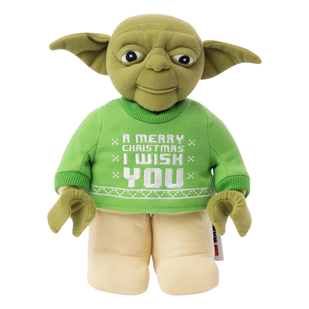 Lego Christmas Yoda plush with soft body, festive green sweater, and flat feet for standing display, perfect collectible decor.