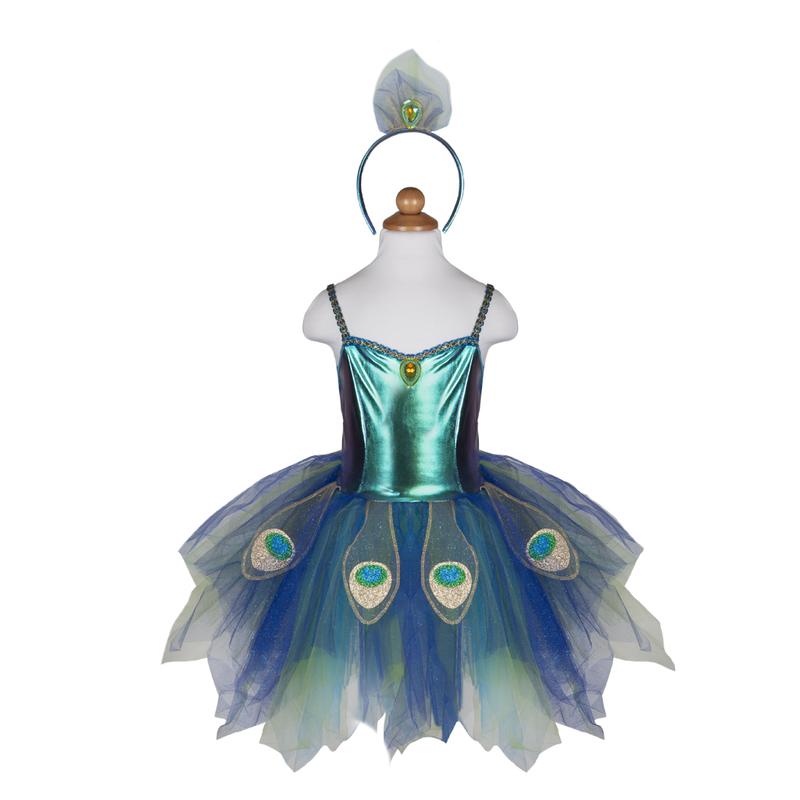 Pretty Peacock Dress & Headband featuring a vibrant holographic bodice, tulle skirt with peacock feather details, and matching headband.
