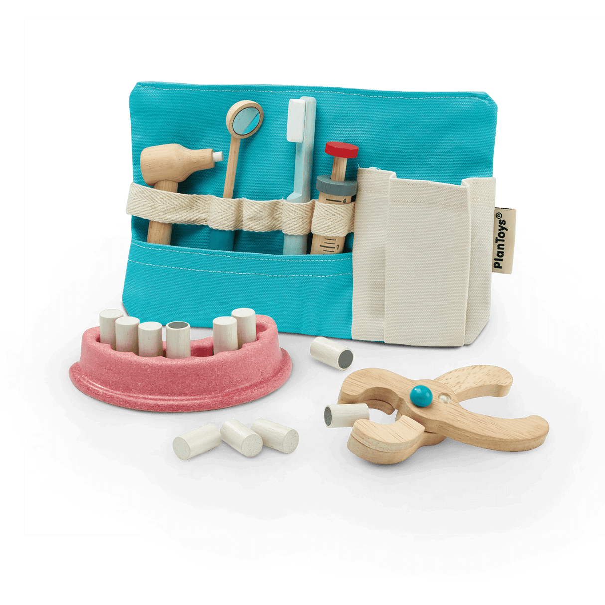 Dentist Set with wooden dental tools, toothbrush, teeth holder, and cotton storage bag for pretend play.