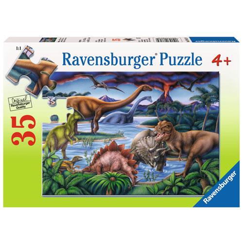35pc Dinosaur Playground Puzzle featuring colorful dinosaurs in prehistoric landscape, designed for children ages 4 and up.