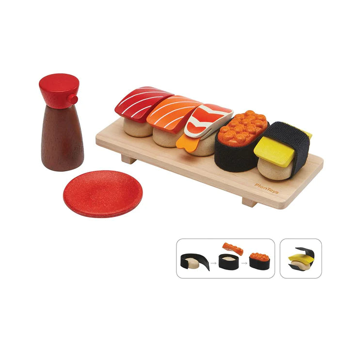 Sushi Set with wooden sushi pieces, tray, shoyu bottle, and sauce dish for creative pretend play.