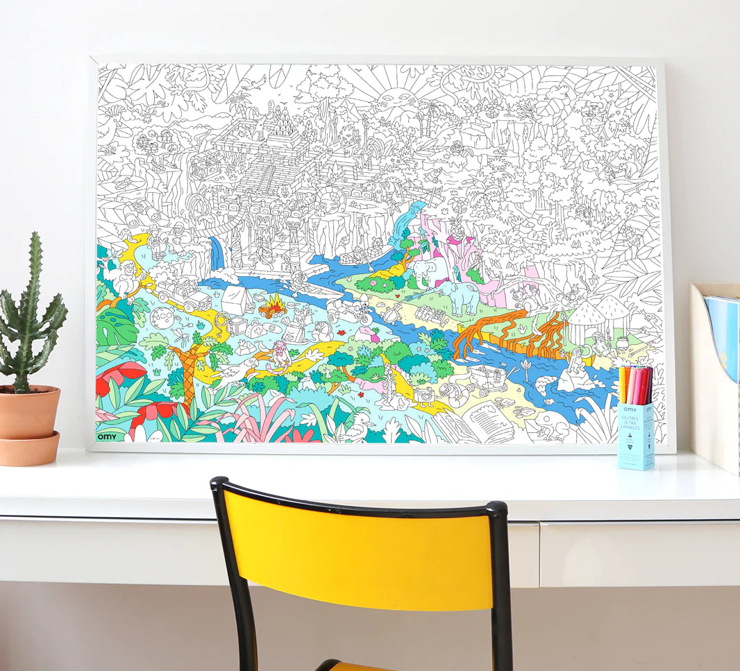 Dinosaur Giant Coloring Poster with partially colored prehistoric scene, perfect for creative family fun and framing.