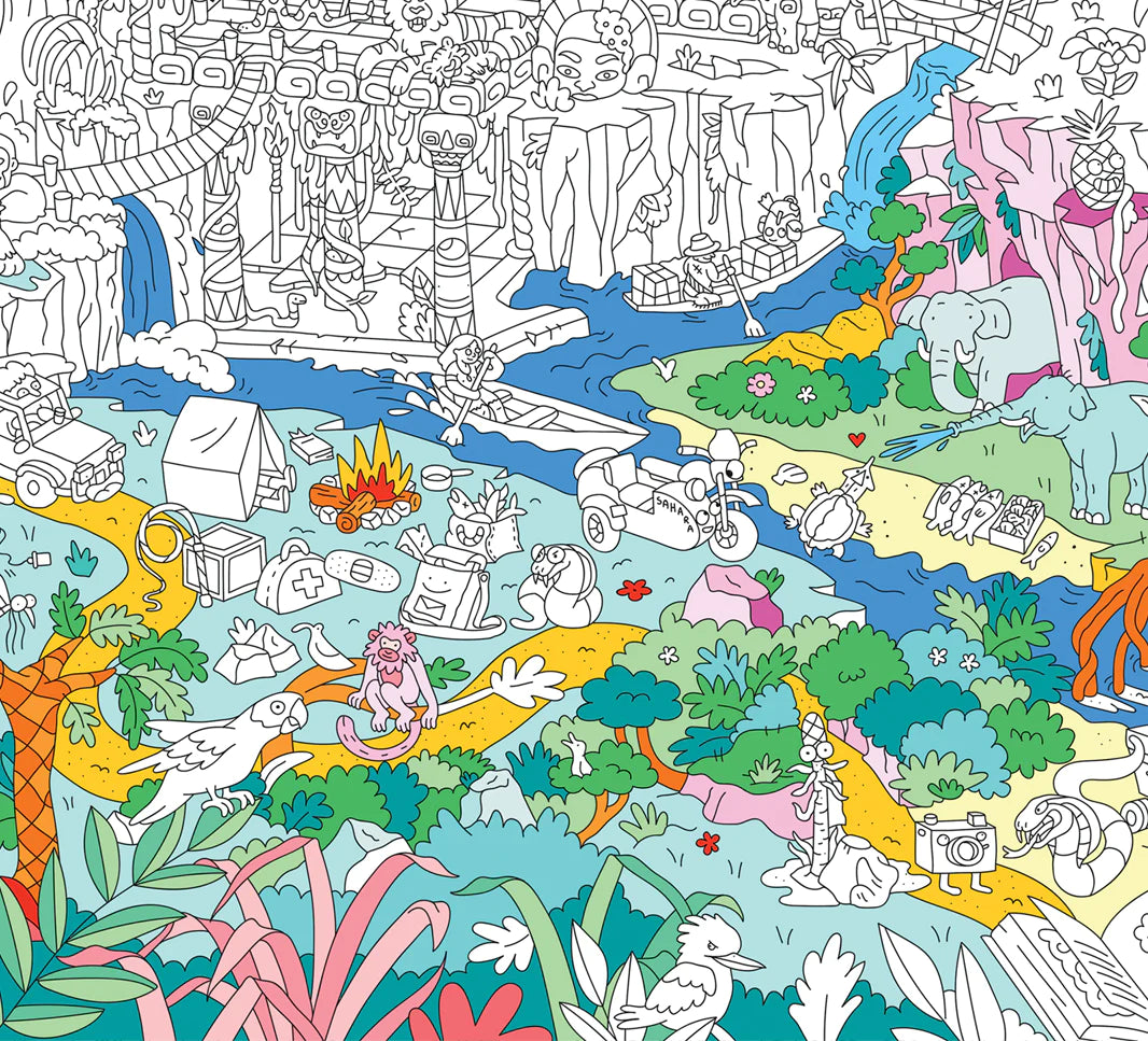 Dinosaur Giant Coloring Poster featuring a detailed prehistoric scene with animals, plants, and playful dinosaurs to color.