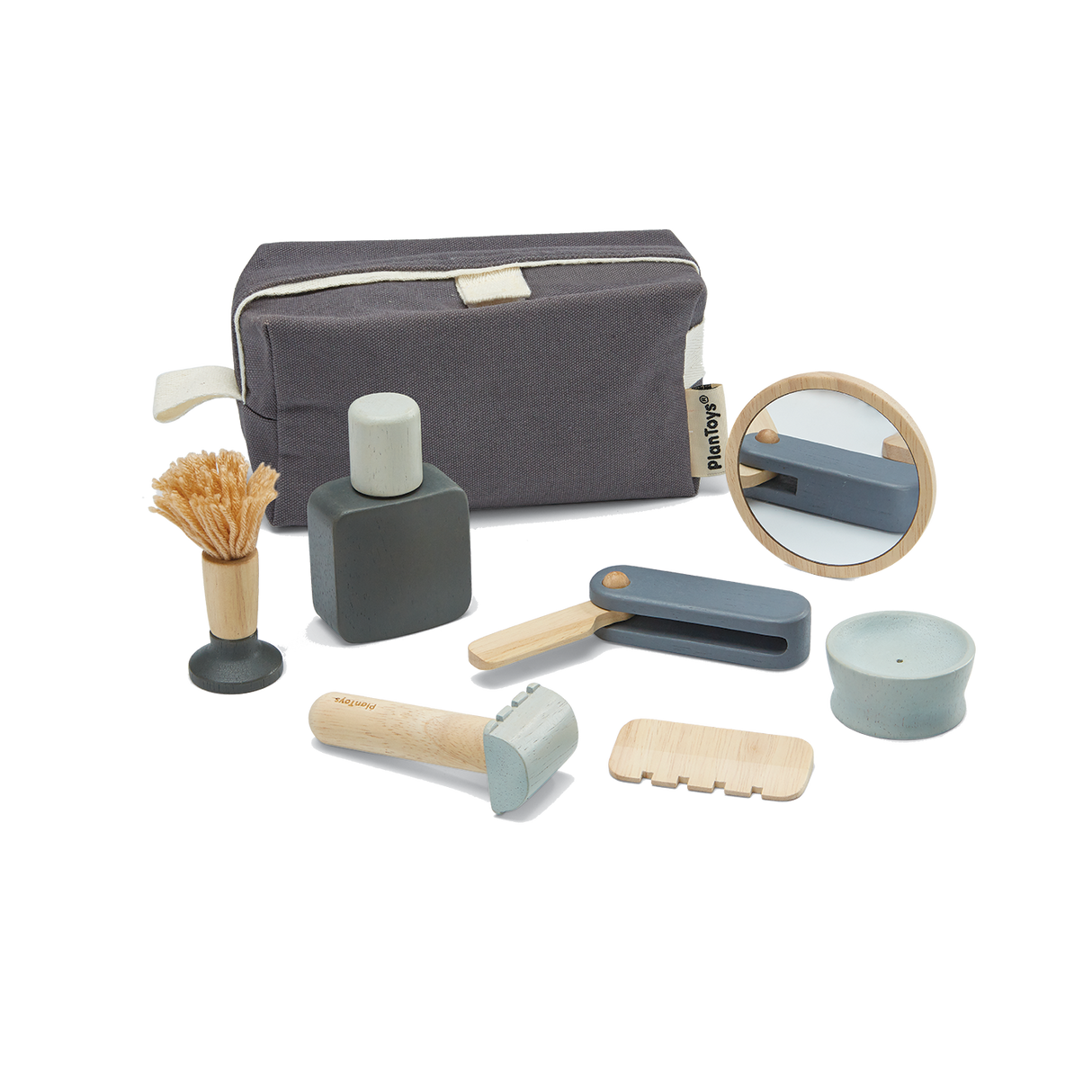 Shave Set with carrying bag, comb, knife, trimmer, bowl, brush, razor, mirror, and aftershave bottle for kids.