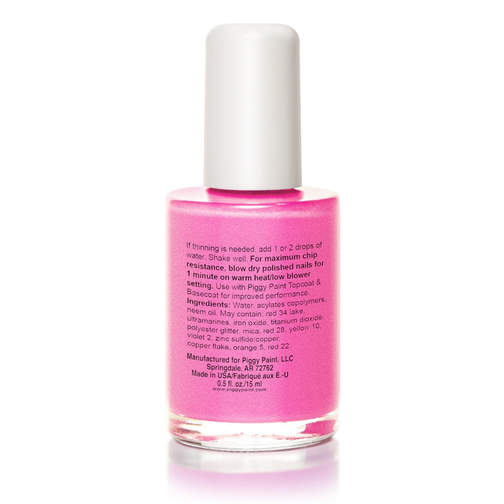 Bottle of Nail Polish Jazz it Up bright pink shimmer non-toxic water-based polish safe for all ages