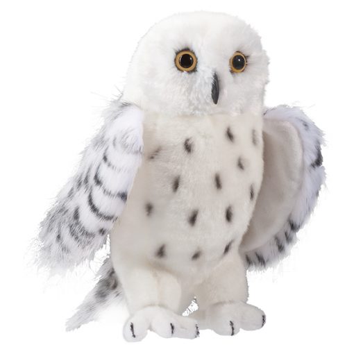 Snowy Owl Legend plush with soft white fur, black markings, fluffy wings, and big yellow eyes, standing 10 inches tall.