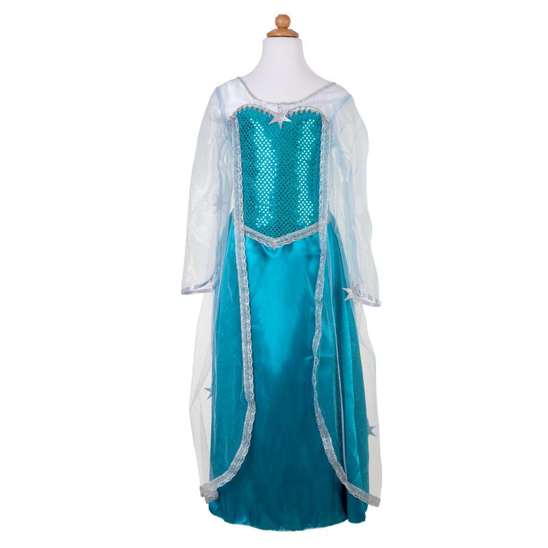 Ice Queen Dress with Cape Size 5-6 featuring a sequin bodice, crystal organza sleeves, and peacock blue satin skirt.