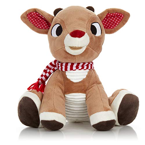 Rudolph plush toy with red nose and striped scarf, soft and cuddly Christmas stuffed animal for kids.