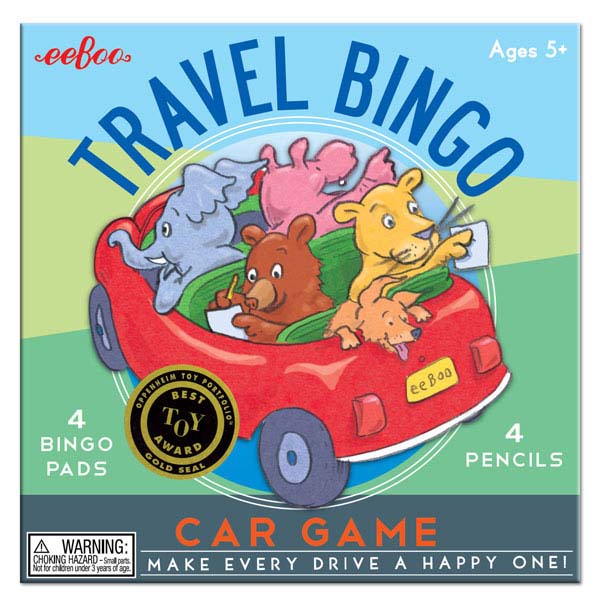 Travel Bingo car game with 4 bingo pads and pencils featuring fun road trip sights for ages 5 and up.