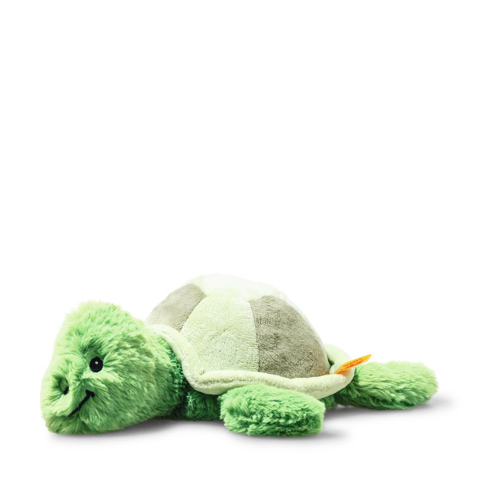 Tuggy Tortoise plush toy in soft green fabric with embroidered face, bean-filled legs, and a push-in head feature.