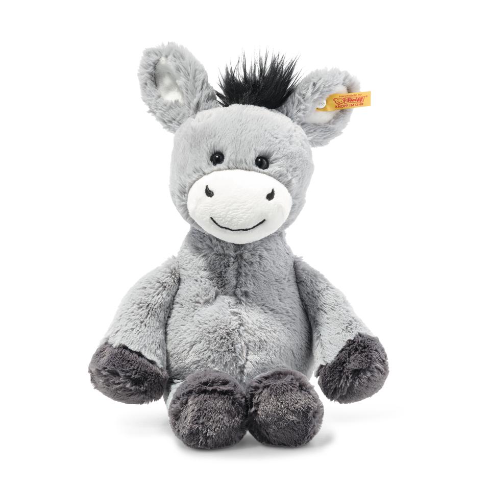 Donkey Dinkey plush toy sitting, gray soft fur, smiling face, safety eyes, and signature "Button in Ear" tag.
