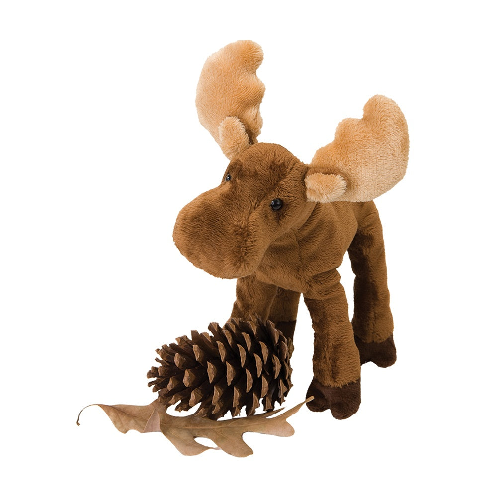 Moose Lumberjack plush toy with soft brown fur, oversized snout, antlers, and cloven hooves standing beside a pine cone.