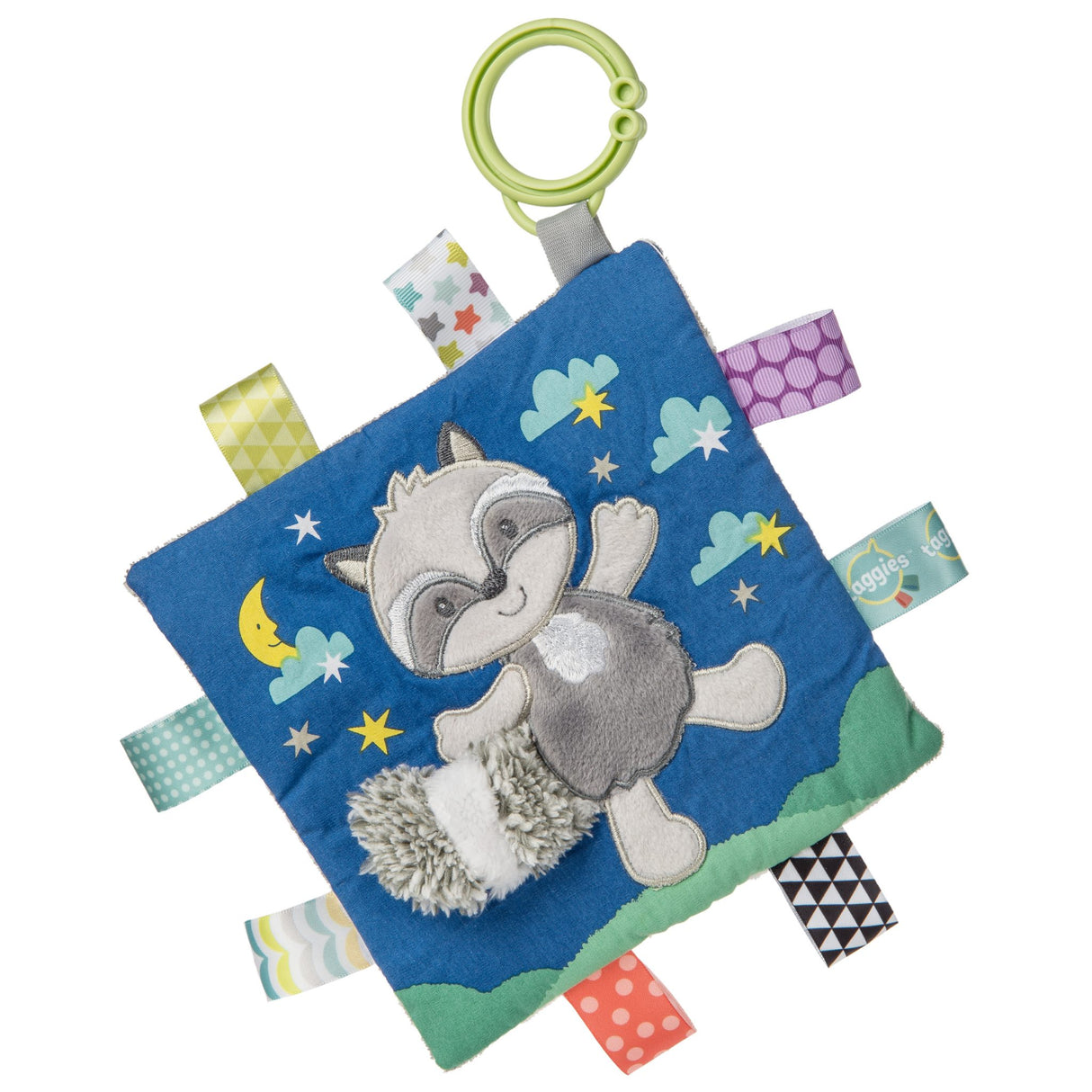 Taggies Crinkle Me Raccoon soft 6×6 toy with crinkle paper, squeaker, ribbons, and stroller loop attachment.