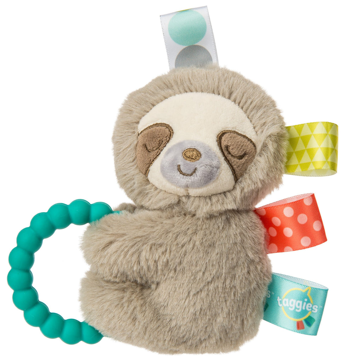 Taggies Molasses Sloth Rattle plush with soft tan fur, looped ribbons, silicone teether, and a quiet rattle inside.