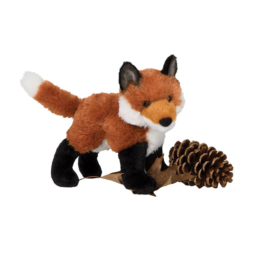Fox Francine plush toy with soft tri-color fur standing beside a pine cone, perfect for kids 24 months and up.