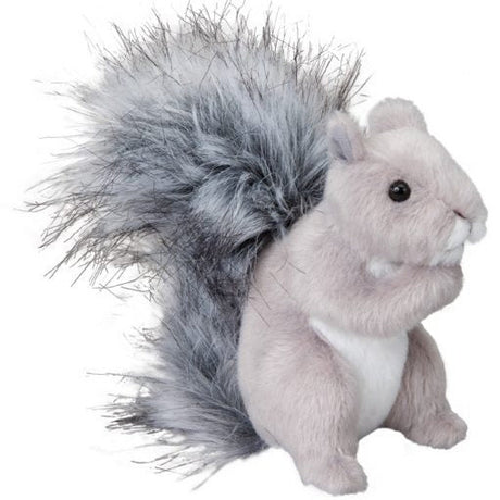 Gray Squirrel Shasta plush with soft gray fur and fluffy tail in an alert pose, perfect for cozy decoration.