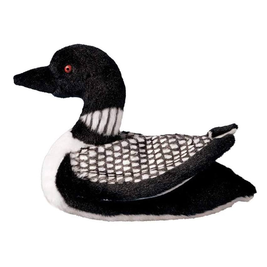 Loon Ludwig plush toy with classic black and white loon markings and distinctive red eyes, soft and machine washable.