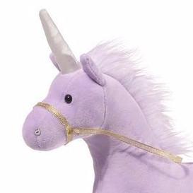Unicorn Bluebell plush toy with flowing mane, striped pink horn, and sparkle heart accents, 13-inch purple unicorn stuffed animal.