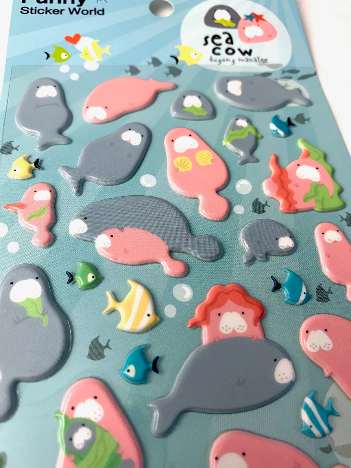 Manatee Puffy Stickers featuring cute sea cows and colorful fish for decorating notes, planners, and letters.